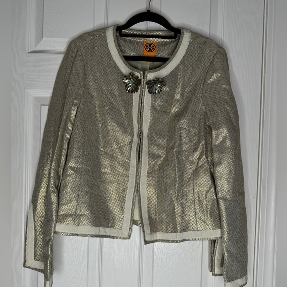 TORY BURCH NWT Gold Basketweave Paley Jacket Size 8 Linen Blend Hook Closure - Picture 1 of 10